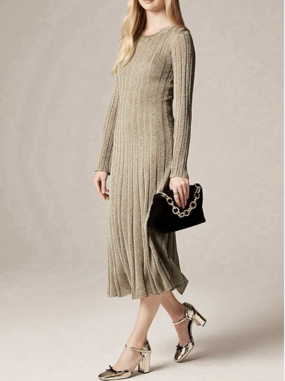 J.Crew NWT Rib-knit flare midi dress with Lurex metallic threads M & L Sand